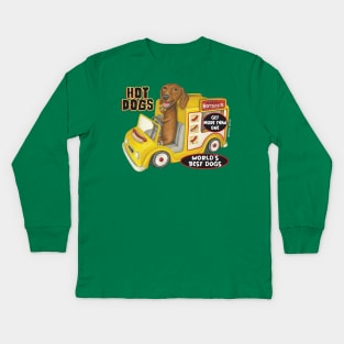fun cute awesome Doxie Dachshund in Yellow Hotdog Truck Kids Long Sleeve T-Shirt